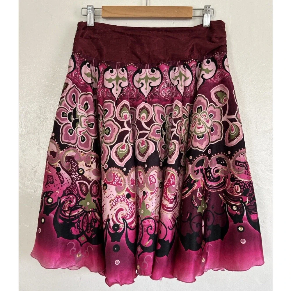 Vintage Mod Floral Satin Skirt Pink Women's M by Star City Knee Length